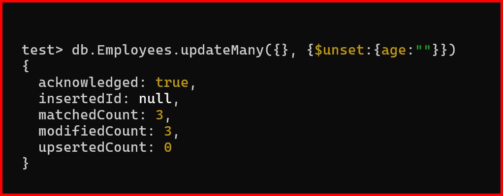 Picture showing executing the query with $unset operator